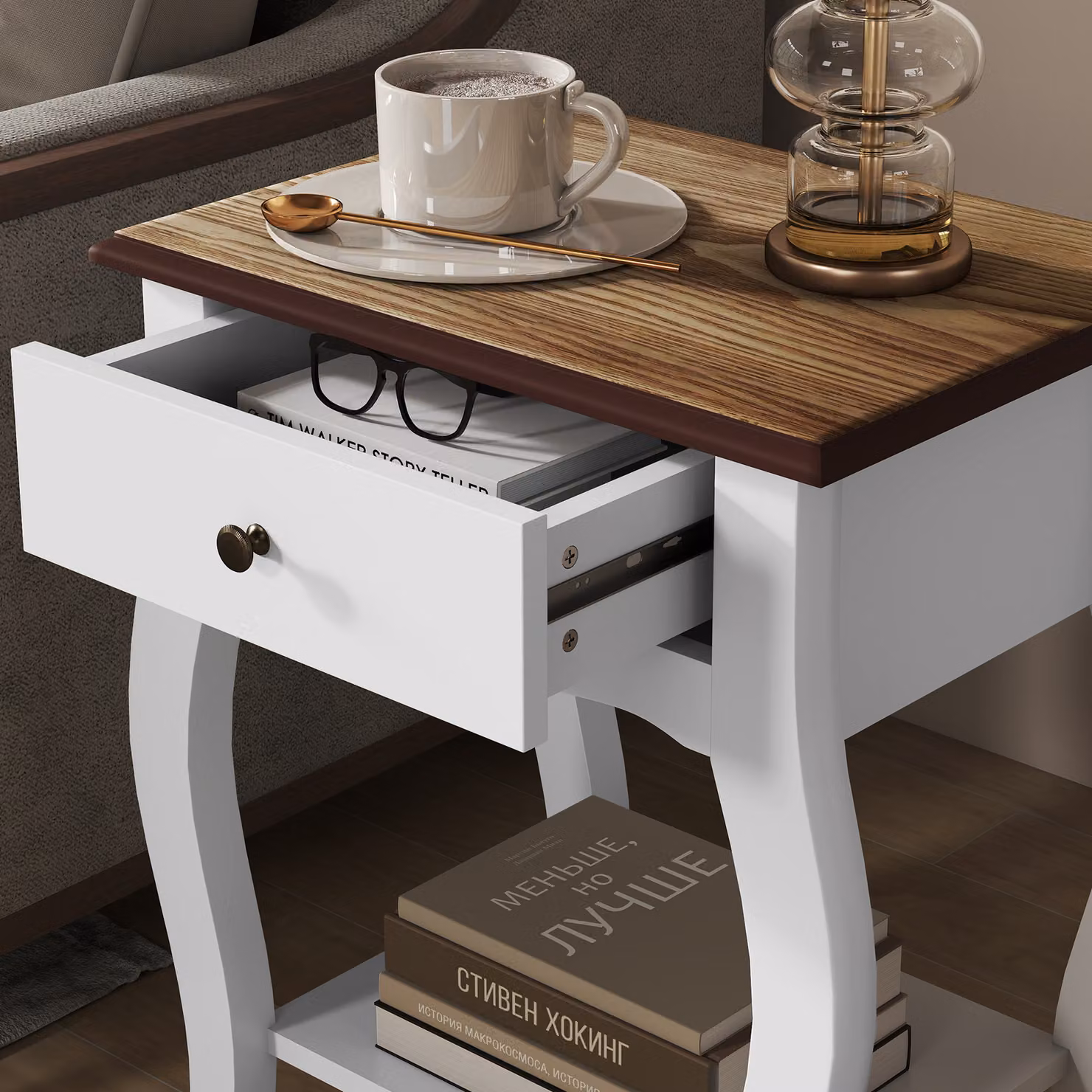 HOMCOM Set of 2 French Style Bedside Tables with Drawers and Open Shelves, White – 5