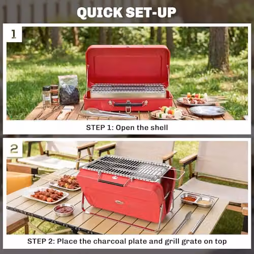 Outsunny Portable Mini Charcoal Tabletop Barbecue Grill with Suitcase Shell, Red, W/D/H: 30 x 30 x 28 cm – 4