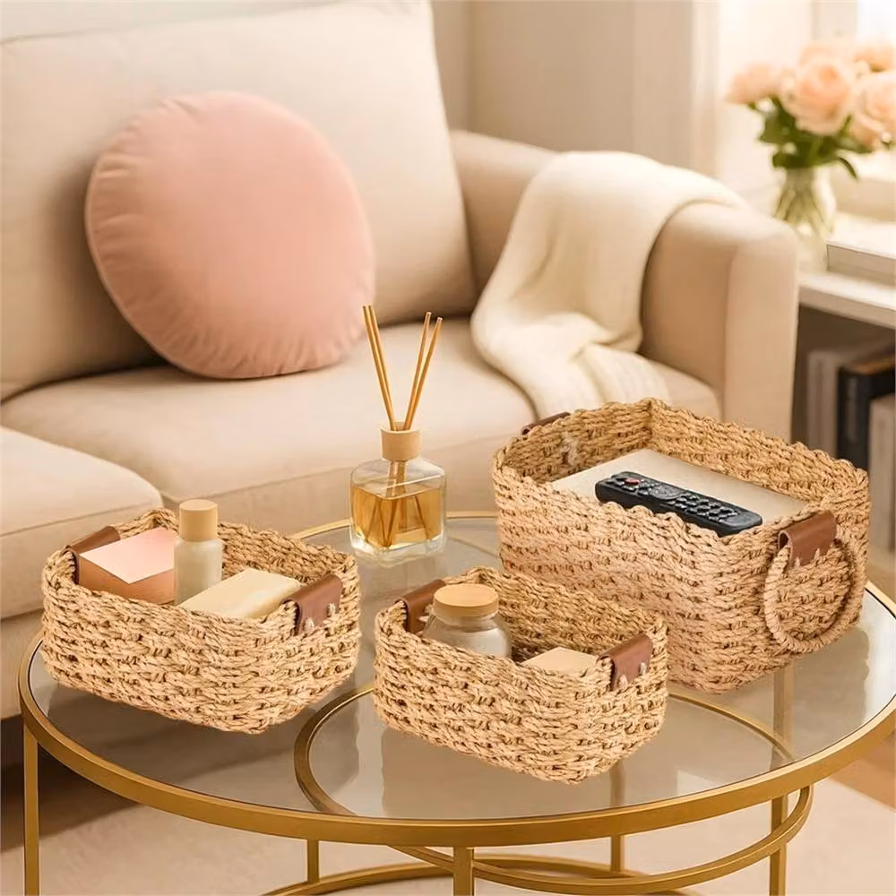 VOGREX Set of 3 Brown Decorative Woven Paper Rope Storage Baskets with Metal Accents – 2