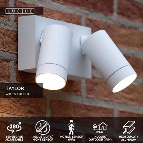 Lucide Taylor Dimmable Outdoor Wall Spotlight in White with Motion Sensor and IP54 Rating – 2