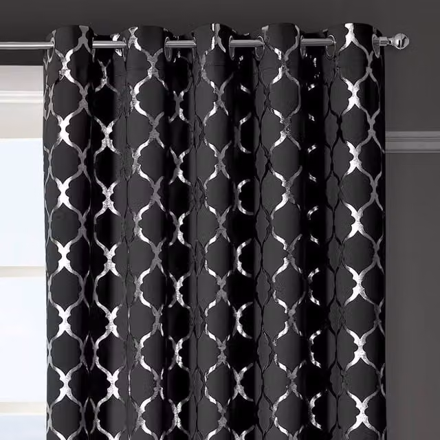 Velosso Arabesque Blackout Velvet Ring-Top Curtains in Black, Width: 168 cm, Drop: 137 cm