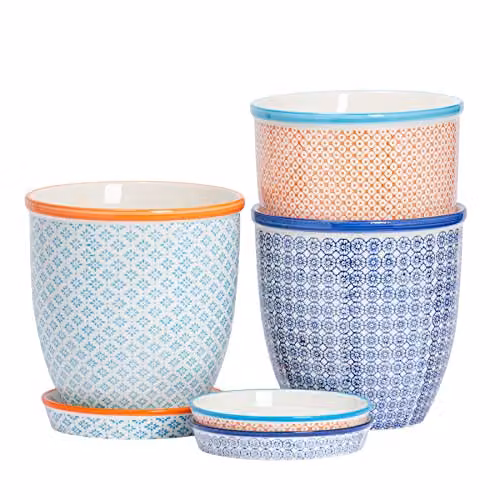 Nicola Spring Pack of 3 Floral Patterned Ceramic Plant Pots with Saucers in Blue and Orange, Diameter: 20.5 cm – 1
