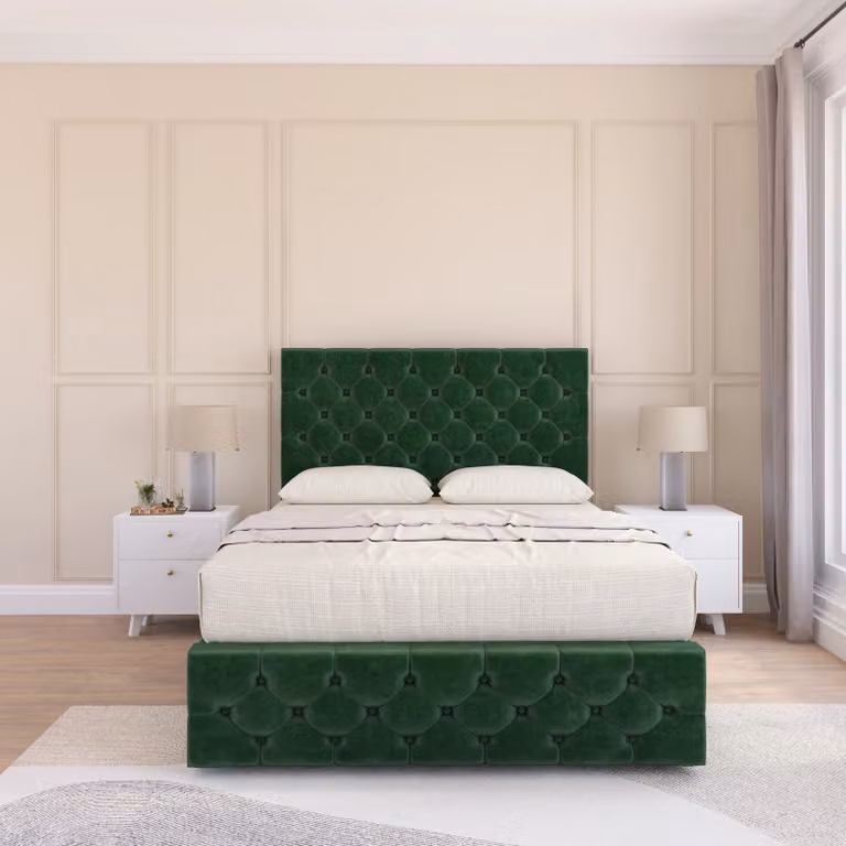 Sloomy Highbury Divan Bed Base with Floor Standing Headboard, Emerald Green Velvet Fabric, W/D: 120 x 200 cm
