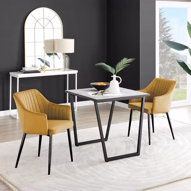FurnitureboxUK Carson White Marble Effect Square Dining Table and 2 Calla Mustard Chairs with Black Legs