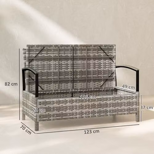 Outsunny 125L 2 Seater Garden Storage Bench in Grey PE Rattan and Metal – 3