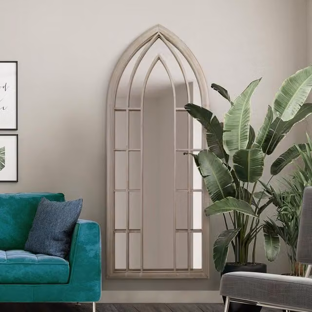 MirrorOutlet The Somerley Extra Large Rustic Framed Arched Gothic Mirror in Stone/Beige, Height: 190 cm