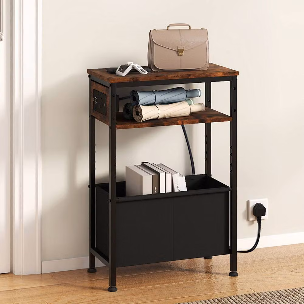 Levede Slim Side Table with Charging Station and Storage in Brown – 2