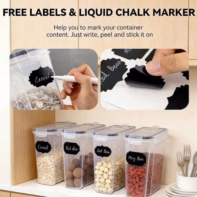 EONLION Set of 4 Airtight and Leakproof Cereal Food Storage Containers, 4 l each, Clear