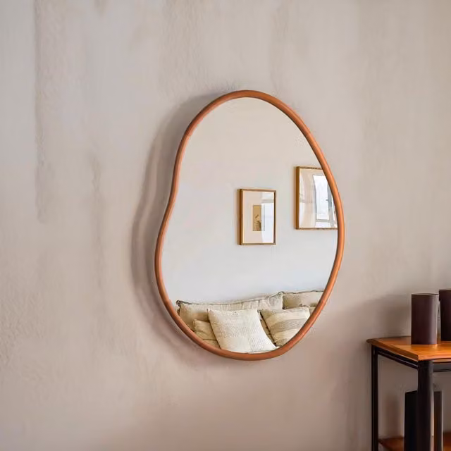 FURNOS Mid-Century Organic Irregular Wooden Wall Mirror in Brown, 56 cm
