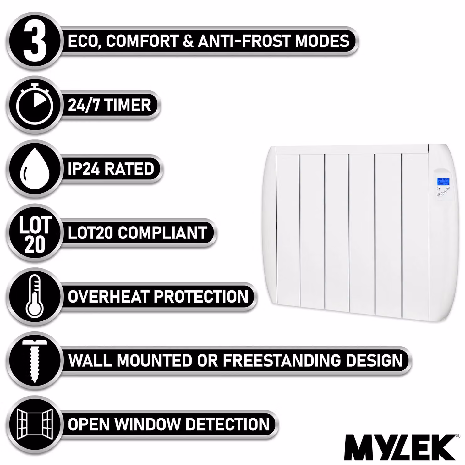 MYLEK 1500W Aluminium Electric Panel Convector Heater with 24/7 Digital Timer in White – 2