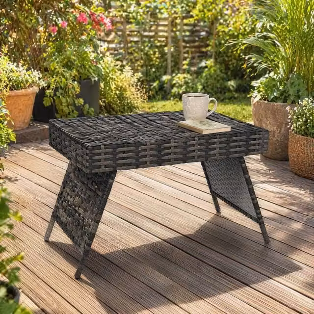 STILVORA Foldable Grey Outdoor Side Table in Metal and Rattan – 1