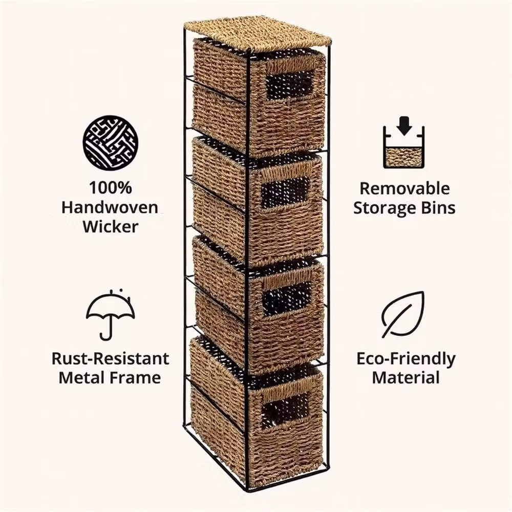 VOGREX Slim 4 Drawer Bathroom Storage Unit in Brown with Rattan and Metal Details – 2