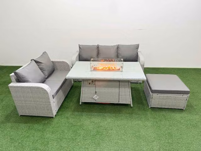Fimous 6 Seater Grey PE Rattan Wicker Garden Furniture Set with Firepit Dining Table, 3 Seater Sofa, Love Seat and Large Footstool