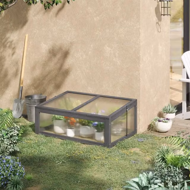OUTSUNNY Grey Wooden Cold Frame Greenhouse with Transparent Polycarbonate Board, W/D/H: 65 x 40 x 65 cm – 1