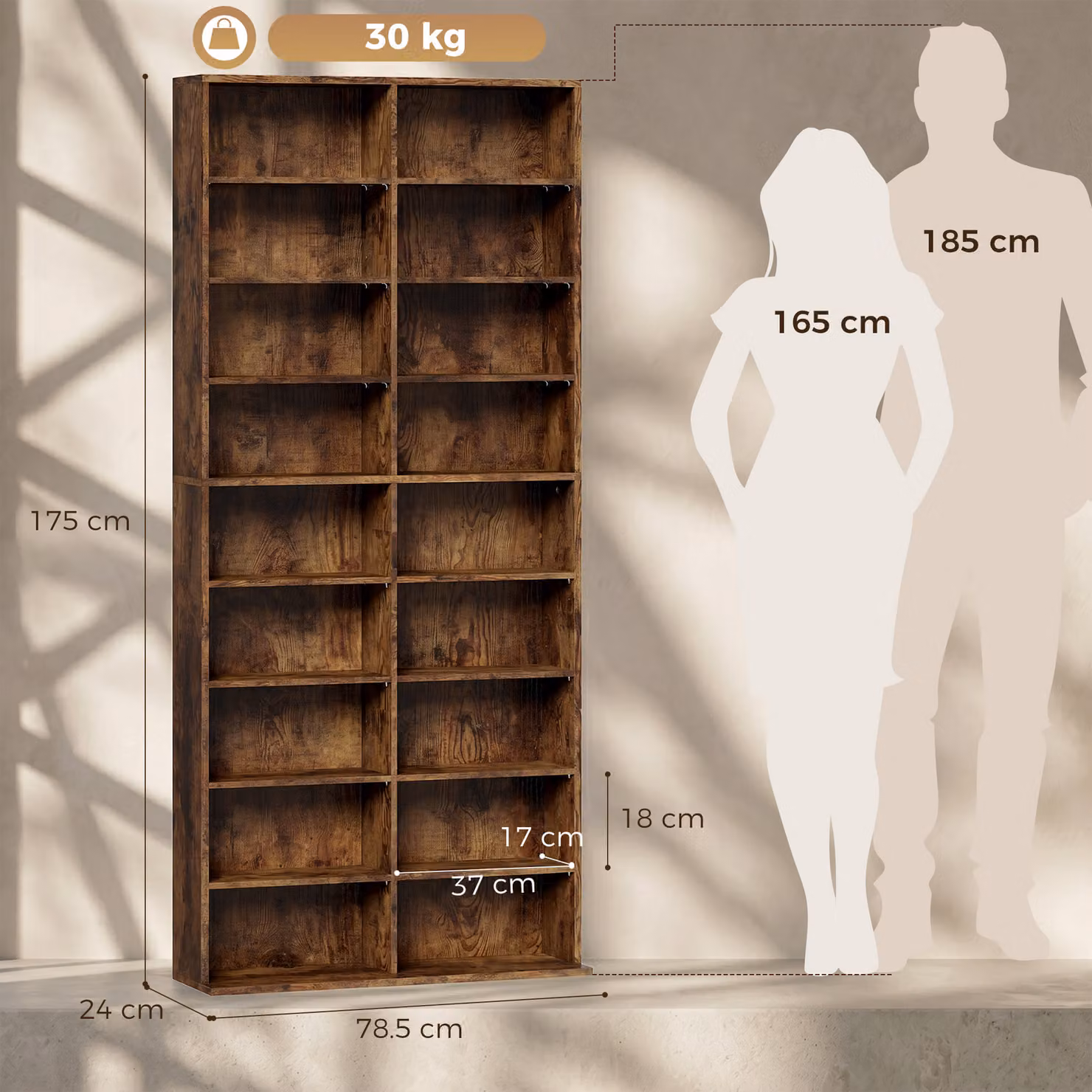HOMCOM 640 CD Storage Tower in Rustic Brown with Adjustable Shelves and Media Compartments, H 175.0 x W 78.5 x D 26.0 cm – 3
