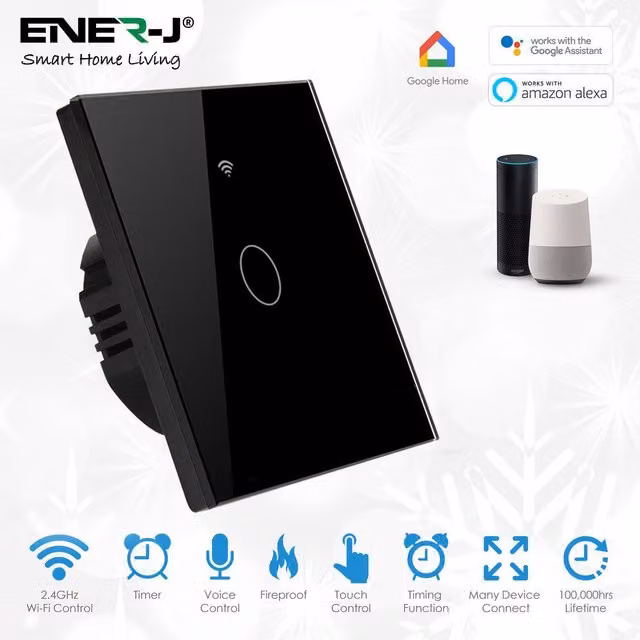 ENER-J 1-Gang Smart Wi-Fi Touch Wall Switch, Black Glass, No Neutral Wire Required