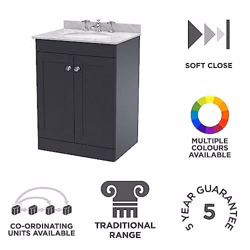 nuie Classique CLC1425GR3 Floor Standing 2 Door Bathroom Unit with 3 Tap Hole Marble Worktop and Round Basin in Soft Black and Grey, W: 62.0 cm, D: 47.0 cm, H: 87.8 cm – 2