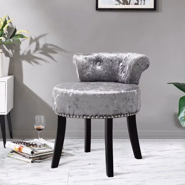 Livingandhome Velvet Upholstered Dressing Table Stool in Silver Grey
