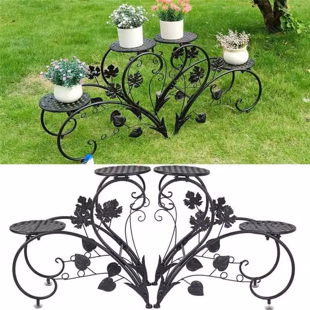 SPETLEK Set of 2 Black Metal Leaf Design Potted Plant Stands – 1