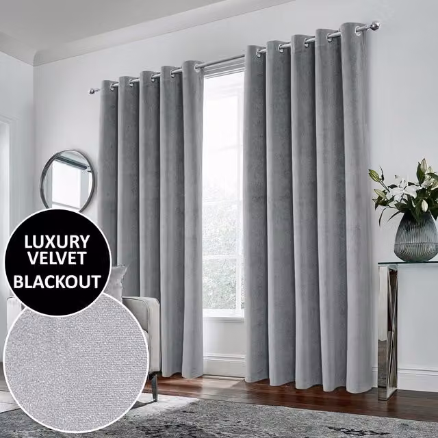 Enhanced Living Grey Velvet Blackout Eyelet Curtains, Thermal Insulating, Width: 117 cm, Height: 183 cm