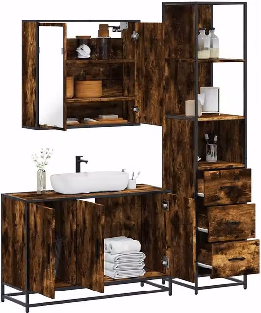Berkfield Home 3 Piece Industrial Bathroom Furniture Set in Smoked Oak Brown – 1