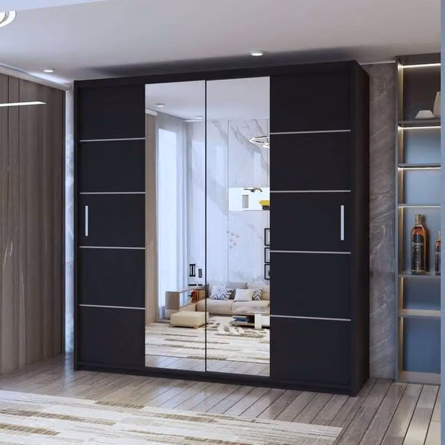 Sliding Wardrobes 4U Eden Double Mirror Sliding Door Wardrobe in Black, W/H: 120 x 217 cm