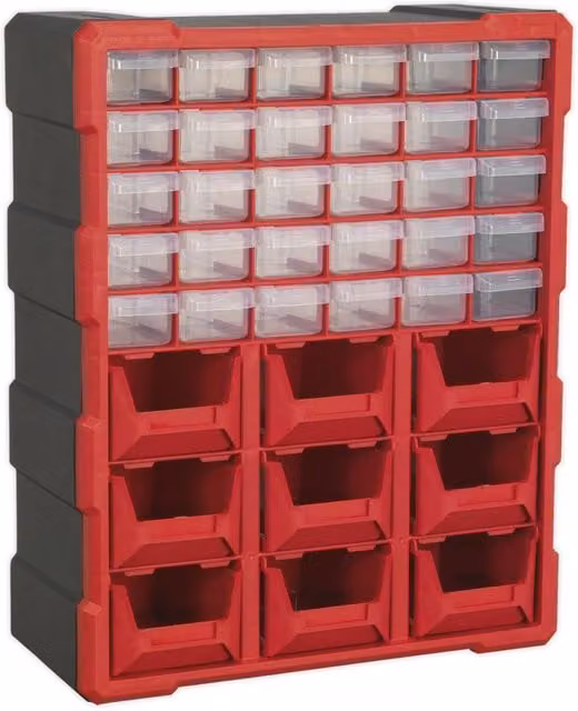 Loops 39 Drawer Parts Cabinet, Red, Wall Mounted or Standing, W: 37.5 cm, D: 16.5 cm, H: 47 cm