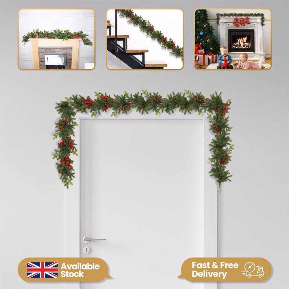 Shatchi Green Fir Christmas Garland with Berries and Pine Cones, 180 cm – 3