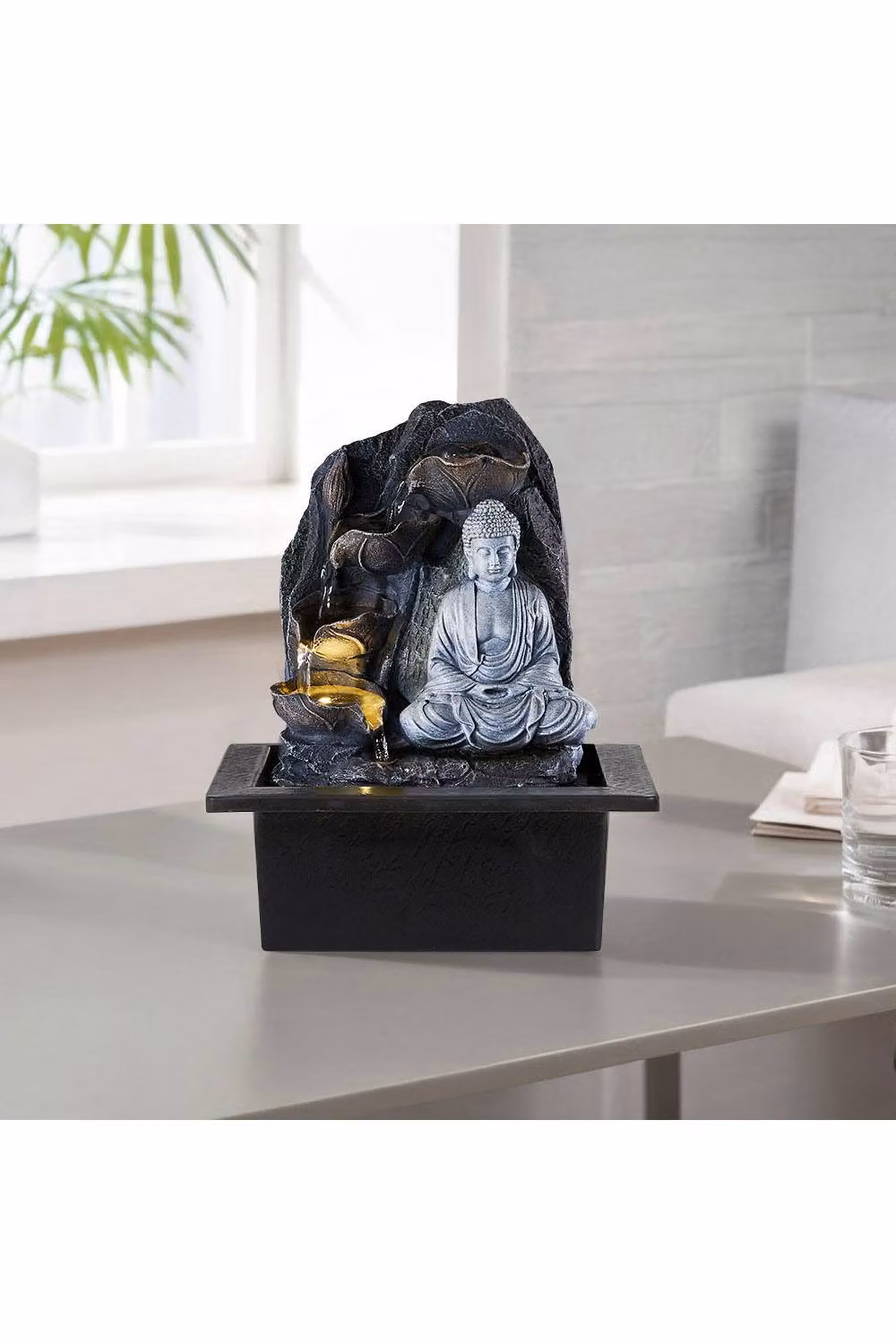 Garden Sanctuary Tabletop Buddha Indoor Water Fountain with LED Light in Grey – 2