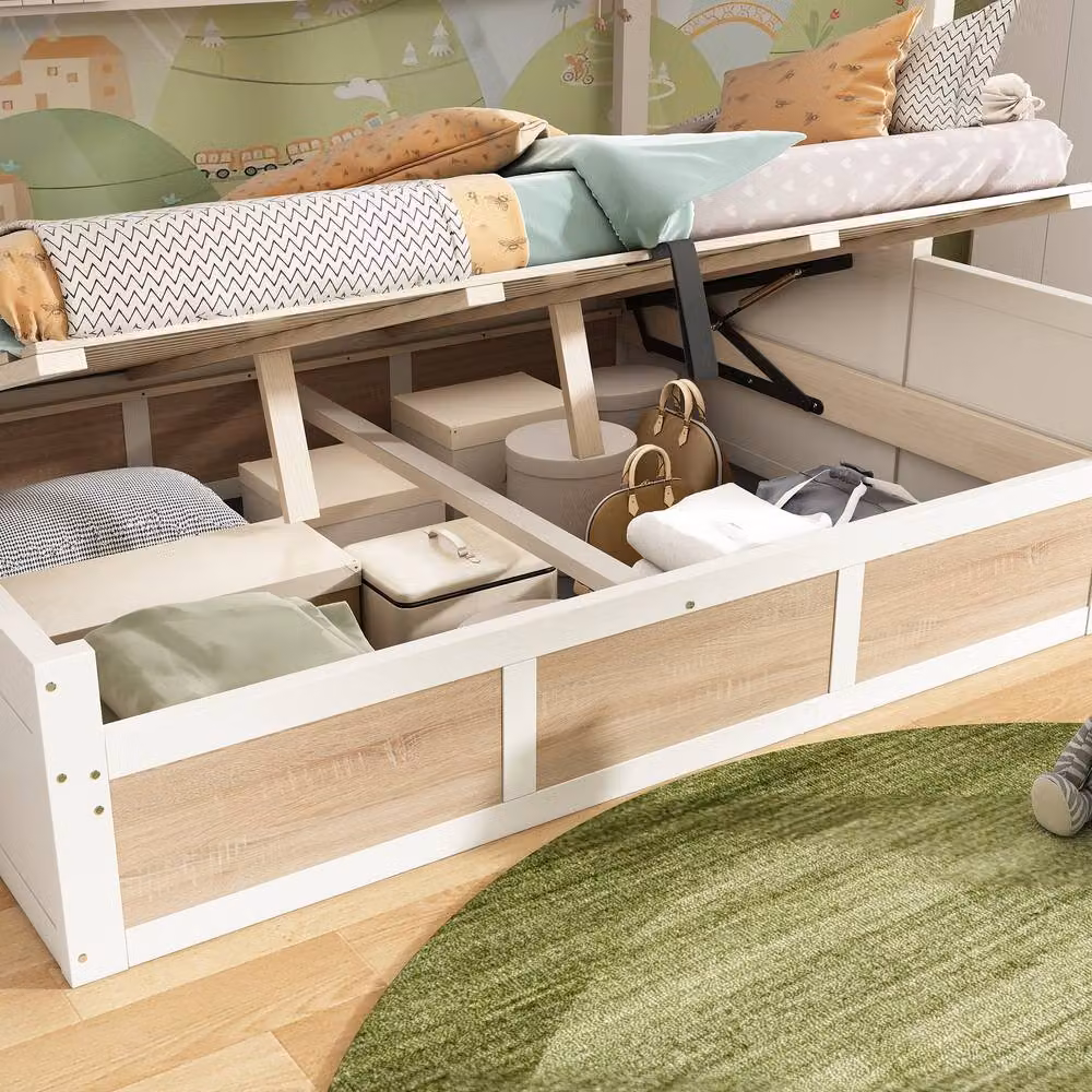 Merax Single over Double Kids Bunk Bed with Hydraulic Storage and Staircase in White and Beige – 4