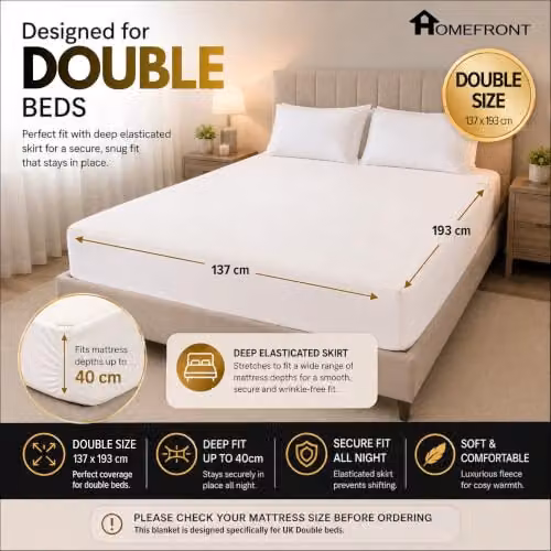 Homefront Double Size White Electric Heated Mattress Cover with Elasticated Skirt, W/D/H: 193 x 137 x 40 cm – 2