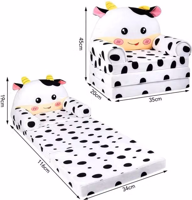 FORGEVIO Cow Print Foldable Kids Sofa in White with High Density Foam and Removable Washable Cover