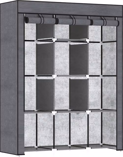 HOMCOM Portable Fabric Wardrobe with Internal Shelves and Hanging Rod, Grey