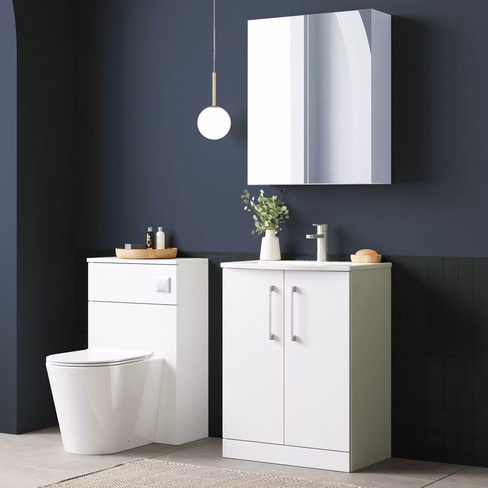 Balterley White Glossy Floor Standing Bathroom Vanity Unit with Rectangular Basin and Soft Close 2 Doors, W: 61.0 cm – 3