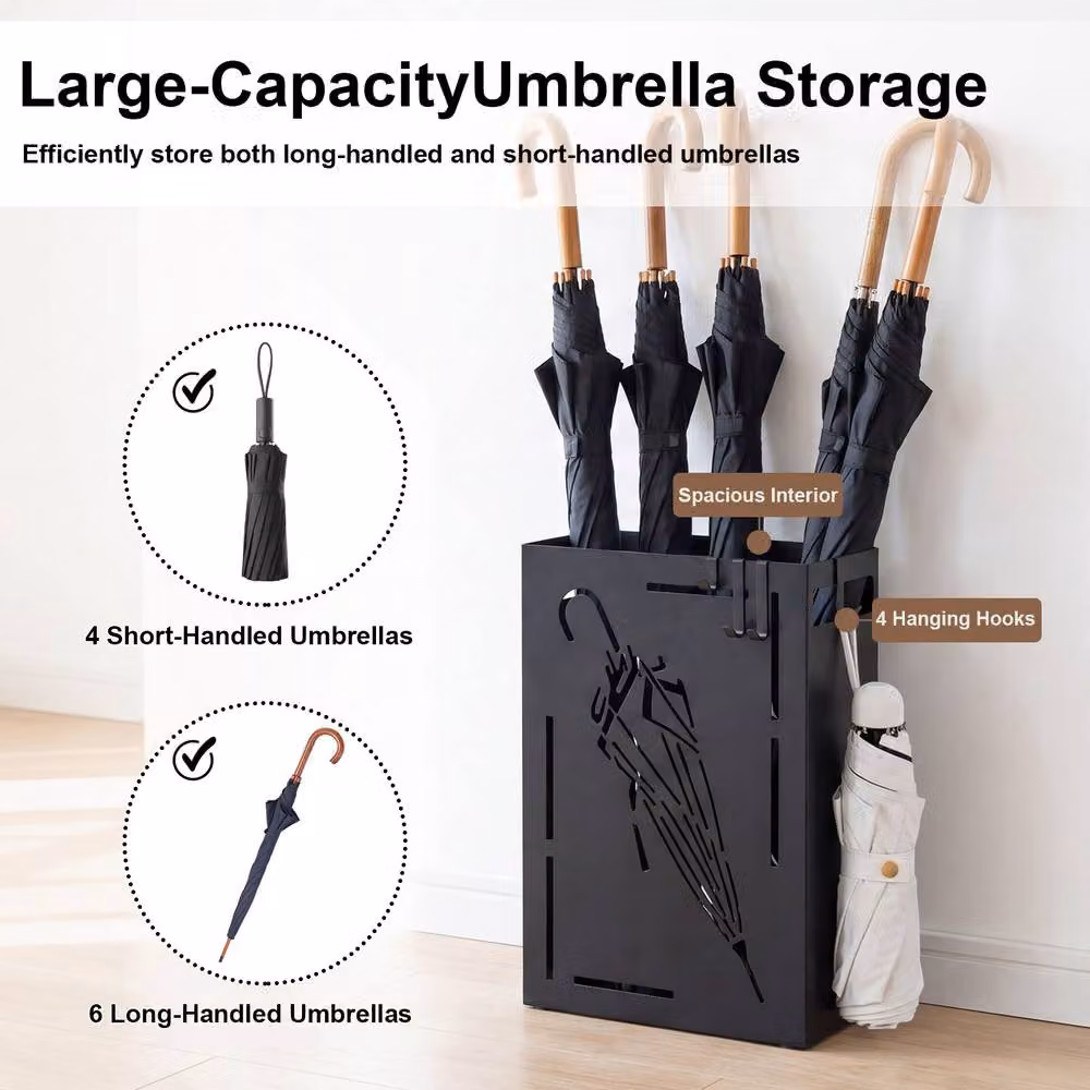 Gymax Metal Cutout Umbrella Stand with 4 Hanging Hooks and Removable Tray, Black – 10