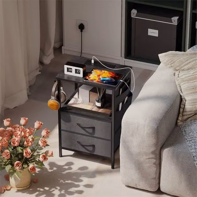 Havendro Slim Black Side Table with Charging Station, W/D/H: 40 x 30 x 60 cm – 1