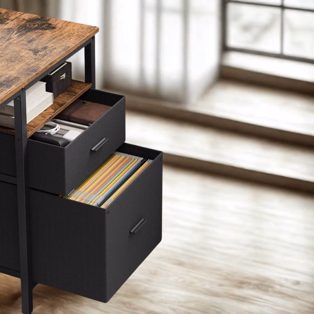 Pirlo Plush Industrial Computer Desk with Storage Shelves and Drawer, Oak Brown, W: 140 cm – 2
