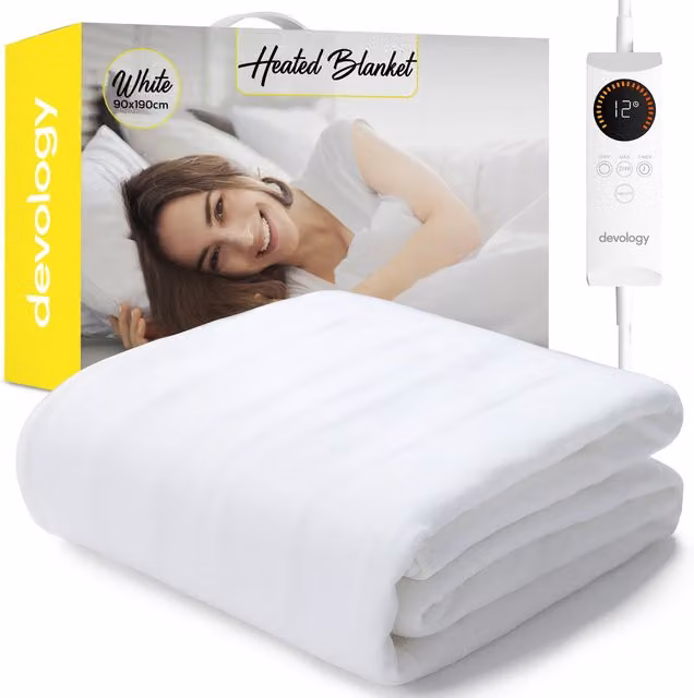 Devology White Fully Fitted Heated Underblanket Mattress Cover with Flannel Fabric, W/D/H: 90 x 190 cm