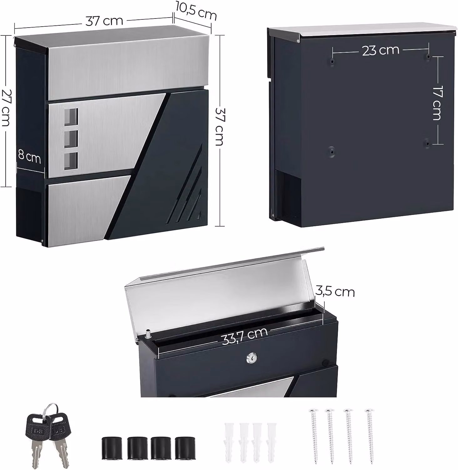 SONGMICS Wall Mounted Stainless Steel Letter Box with Lock and Viewing Windows in Silver, W: 37.0 cm, H: 37.0 cm, D: 10.5 cm – 3