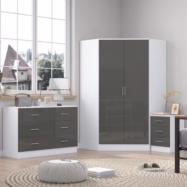 REFLECT Bedroom Furniture Bundle including Corner Wardrobe, Chest of Drawers and 3 Drawer Bedside Table in Grey Gloss and Matt White
