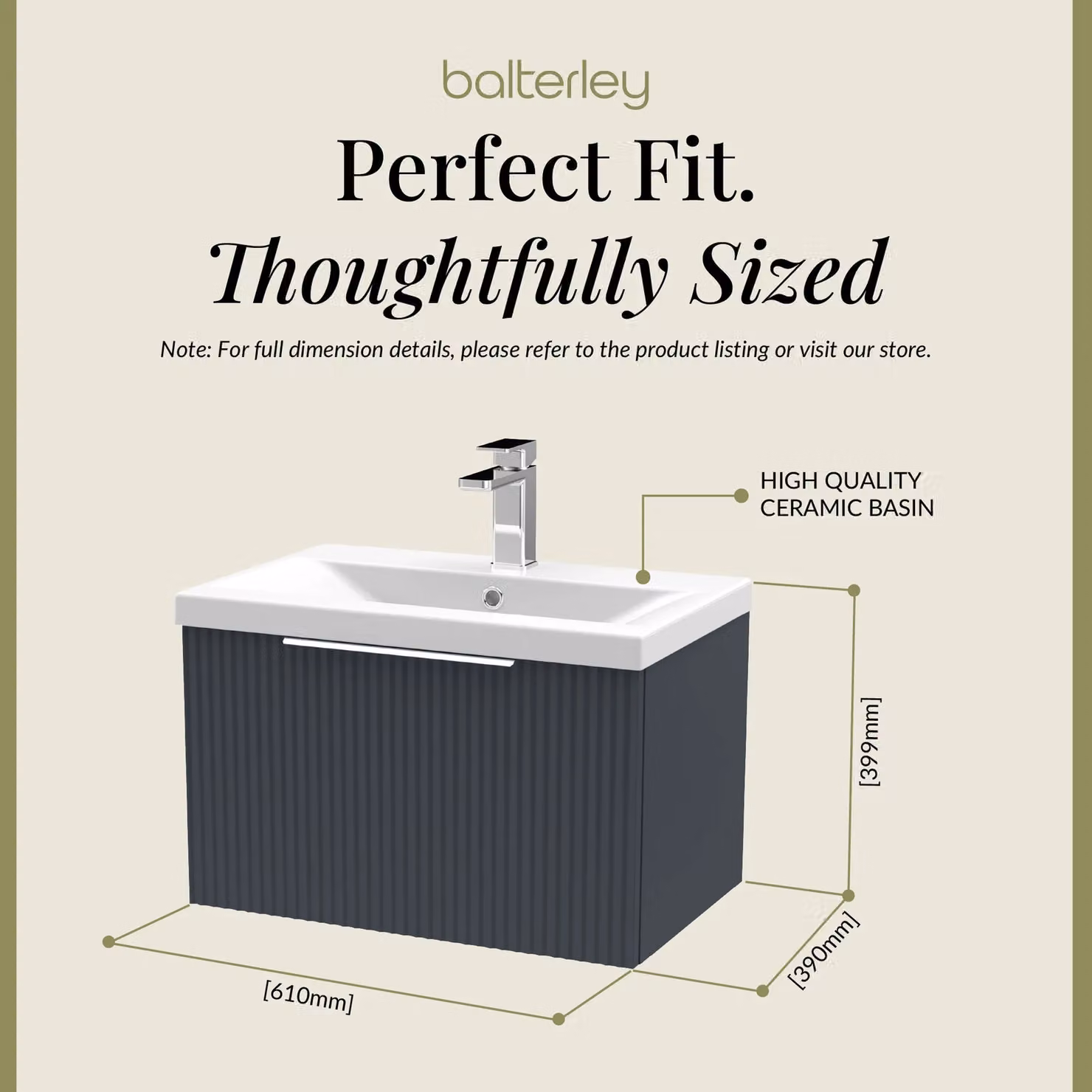 Balterley Fluted Wall Hung 1 Drawer Vanity Basin Unit and Basin, Dark Grey, Width: 600 mm – 4