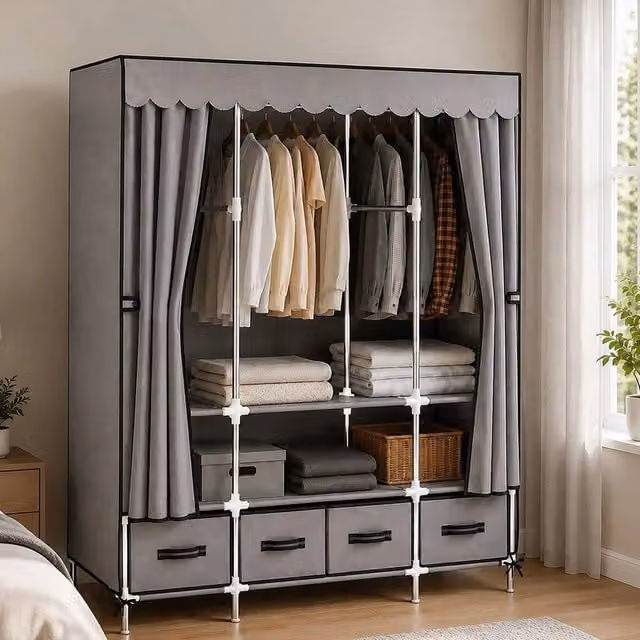 FORGEVIO Grey Treasure Portable Fabric Wardrobe with Integrated Drawers – 1
