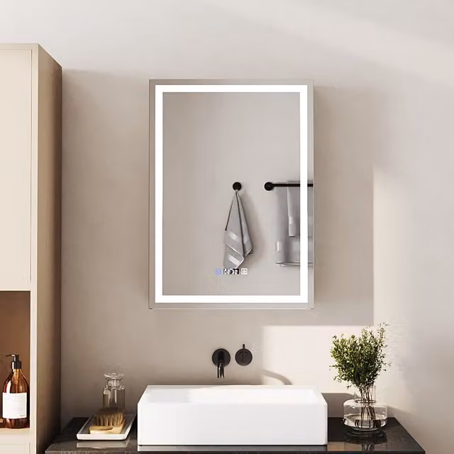 Livingandhome Modern Single-Door Silver Bathroom Mirror Cabinet with Integrated LED Lighting and Anti-Fog Feature