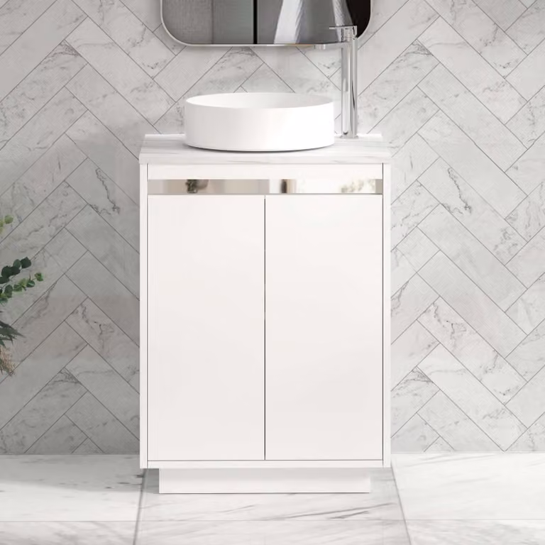 Royal Bathrooms Orion 600mm Matt White Floor Standing 2 Door Vanity Unit with Carrara White Undrilled Worktop and Chrome Accent Trim
