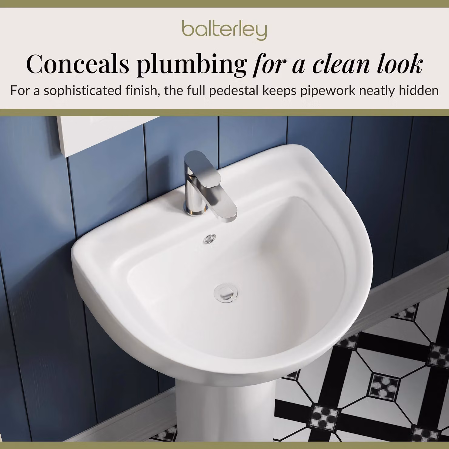 Balterley Adley Round 1 Tap Hole Ceramic Basin with Full Pedestal, White, W: 55 cm, H: 84 cm, D: 47.5 cm – 5