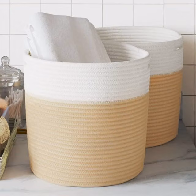 Berkfield Home Cotton Storage Baskets, 2 Pack, Beige and White, W/D/H: 28 x 28 x 28 cm
