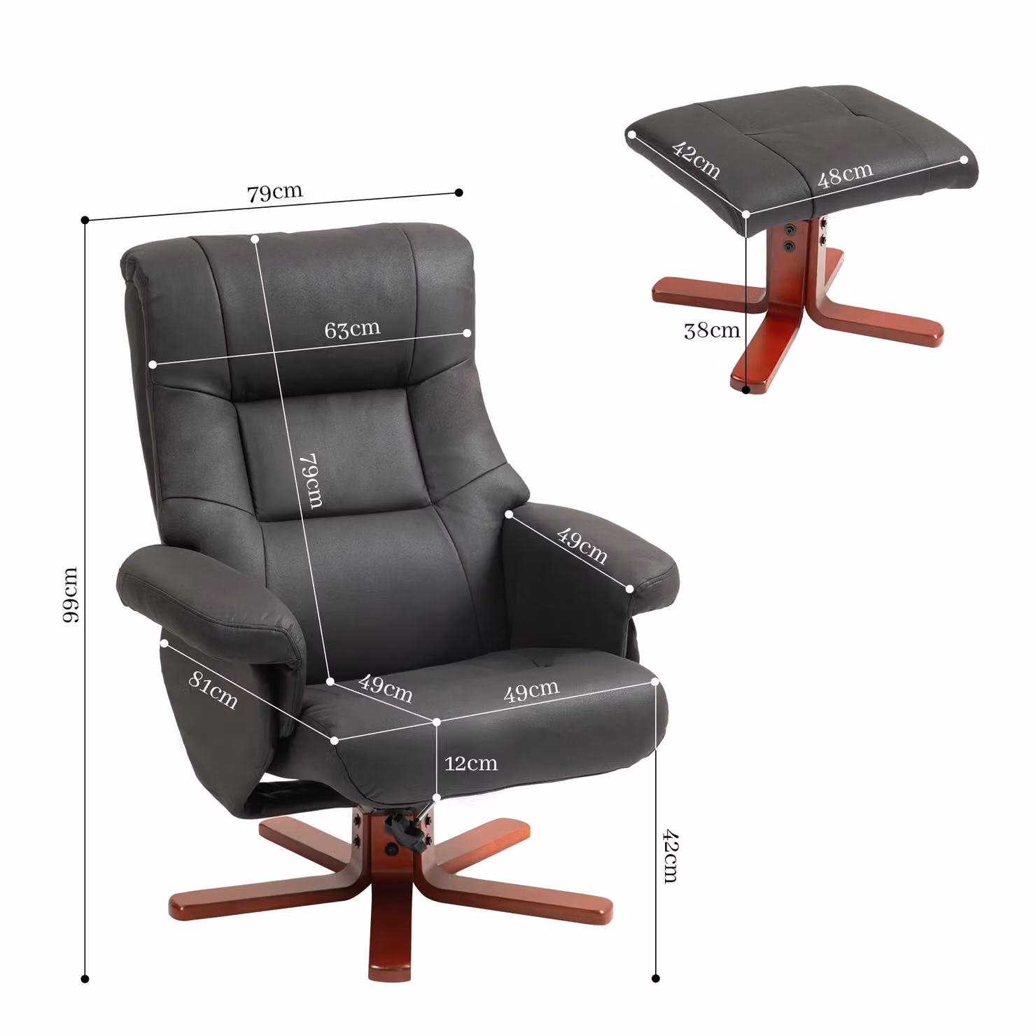 HOMCOM 135 Degree Reclining Armchair with Ottoman in Black Synthetic Leather and Microfibre – 3