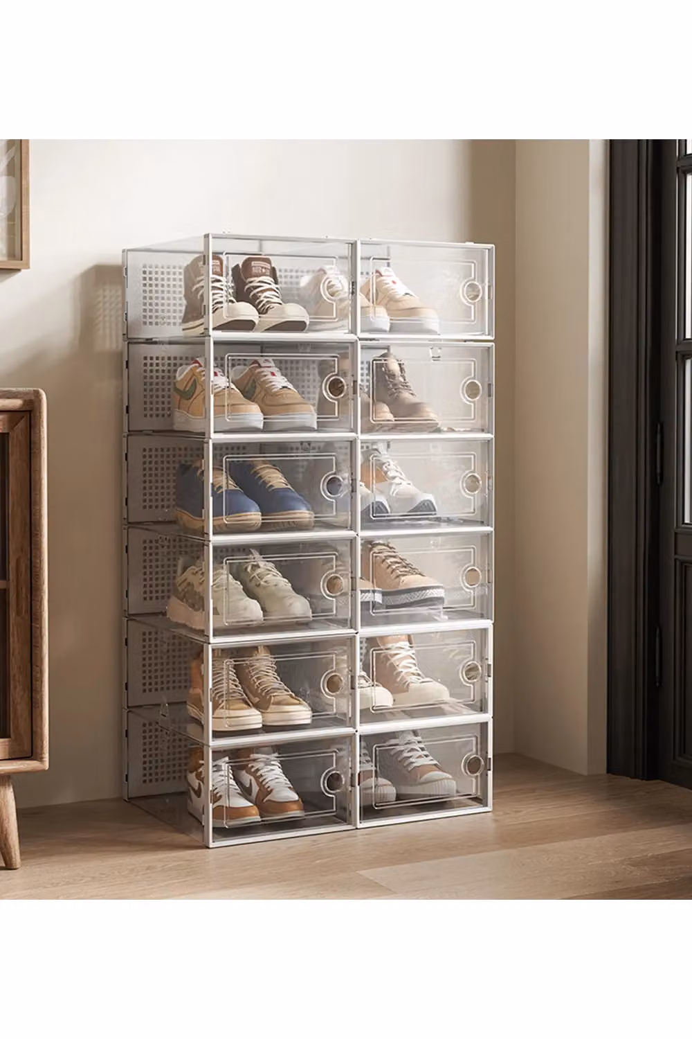Living and Home 12-Piece Stackable Plastic Shoe Storage Box Organiser in White and Transparent – 4