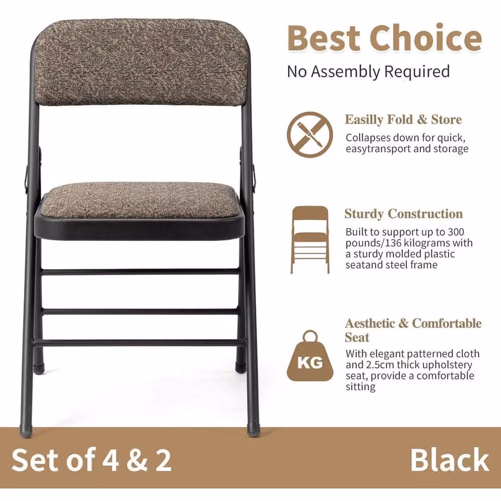 KORVIXA 4-Piece Set of Black and Grey Fabric Folding Chairs for Home Office or Dining Room Use – 4