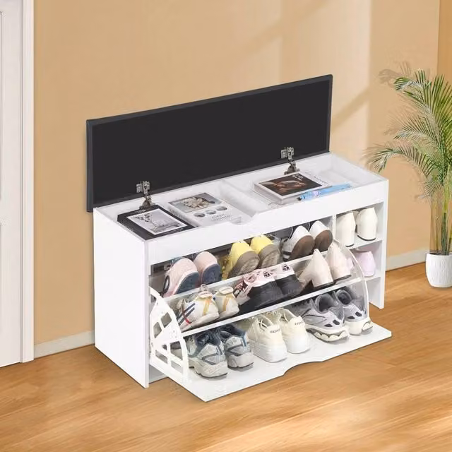 VOGREX Modern Industrial Shoe Bench with Side Storage Flip Drawer Seat Cabinet in Black, White or Multicolour